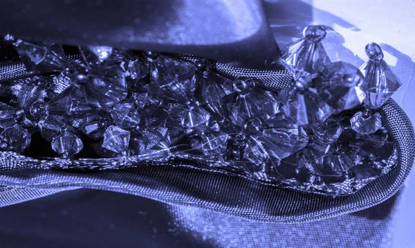Dark Blue Sapphire Silk Fabric Decorated Green Glass Beads Decor — Stock Photo, Image