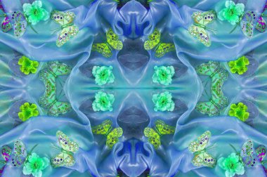 Kusursuz. Kumaşın mavi-yeşil renkleri flora ve fauna ile işlenmiş. Süslü elbisem. Anlaşılmaz, tuhaf şeyler düşünüyorum ve onların etrafında bir dünya yaratmaya çalışıyorum..