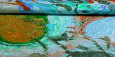 Ressam tarafından çizilmiş ipek kumaş, parlak renkler, kahverengi-sarı mavi renk, dizginlenemez fantezi, doku, arkaplan, desen, duvar kağıdı