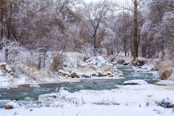 Zimą Rzeka Zamarza Zimie Rzeka Zamienia Się Prawdziwą Krainę Czarów — Zdjęcie stockowe