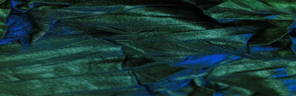 Черная Шелковая Ткань Синими Изумрудными Полосками Морщинистая Ткань Текстура Абстрактный — стоковое фото