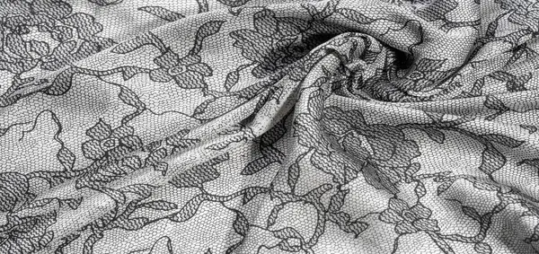 Hedvábná Tkanina Černé Bílé Krajkovým Vzorem Tento Elastický Krajkový Střih — Stock fotografie