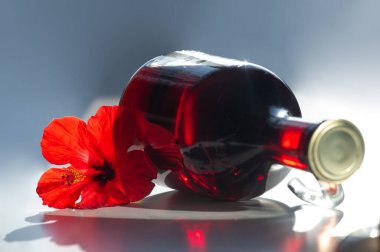 Kırmızı şaraplı bir şişe. Bira insanlar tarafından yapılır, şarap Tanrı tarafından yapılır.