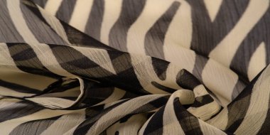 Siyah ve bej çizgili ipek kumaş, Afrika tarzı zebra derisi. Tasarımcı için, tasarımın taslağı, dekoratörün çevresi. Arkaplan dokusu koleksiyonu