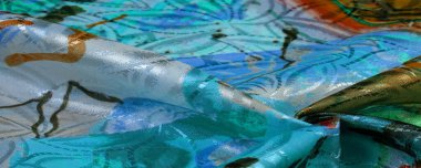 Ressam tarafından çizilmiş ipek kumaş, parlak renkler, kahverengi-sarı mavi renk, dizginlenemez fantezi, doku, arkaplan, desen, duvar kağıdı