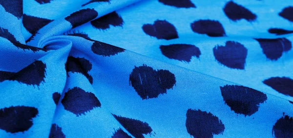 Шелковая Ткань Синий Отпечаток Черных Сердец Текстура Фона Узор Открытка — стоковое фото
