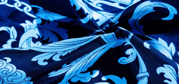 Синьо Біла Монограмована Шовкова Тканина Вишуканий Візерунок Філігранної Тканини Текстура — стокове фото
