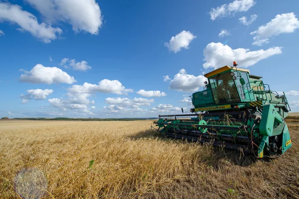 Summer Photo Barley Harvesting Modern Combine Universal Machine Designed Efficient — Stock Photo, Image