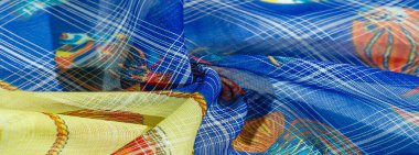 Lacivert ipek kumaş, mercan resifi balığı, deniz teması. Çocuk sanatı. arkaplan, doku, desen