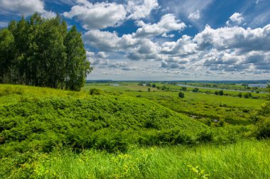 Yaz fotoğrafçılığı, su çayırları, nehir taşkın ovaları, dağdan çekilmiş fotoğraflar. Nehrin kenarında yemyeşil çimenler, çam, huş ağacı, fındık ağacı yetişir. sıcak yaz günleri