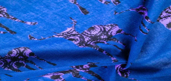 Blue cotton fabric with deer silhouette print, Modern decor, Textile art, Design, modern futuristic painting. Texture, background, pattern,