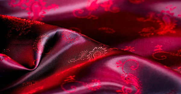 Tekstura Tkanina Czerwony Jedwab Wzorem Paisley Ten Piękny Drukowany Charmeuse — Zdjęcie stockowe