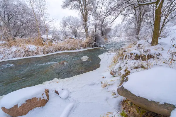 这条河在冬天结冰了 这条神奇的河流结冰的时候 这是一个真正的冬季童话 通常被认为是美丽的自然遗产 变成了童话 — 图库照片