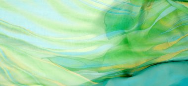 Kusursuz kaleydoskop. Kumaş ipek yeşil-mavi gözlükler. Canlı renkler ve deniz tarağı şekilleri, sarı, mavi ve yeşil geometrik ipek krep de chine renginde gerçekten eşsiz bir krep oluşturur..