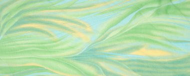 Kusursuz kaleydoskop. Kumaş ipek yeşil-mavi gözlükler. Canlı renkler ve deniz tarağı şekilleri, sarı, mavi ve yeşil geometrik ipek krep de chine renginde gerçekten eşsiz bir krep oluşturur..