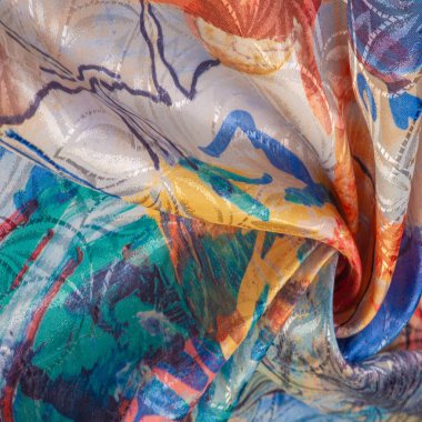 Boyalı bir palette ipek kumaş, soyut çizim, parlak renkler, kırmızı-sarı-mavi renk, sınırsız hayal gücü. doku, arkaplan, desen,