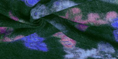 Kelebek desenli yeşil yün kumaş. Yeşil kırmızı mavi. Dekor modern, tekstil sanatı, doku, arkaplan, desen