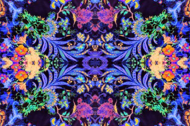 Kusursuz doku, parlak büyük çiçekler, çoğunlukla siyah çizgilerle kaplanmış, gecenin karanlığında yüzen siyah tohum benzeri noktalarla noktalanmış..