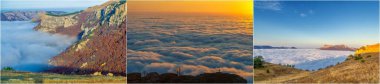 Dağların nefes kesici sonbahar manzaraları şafak vakti Majestic sisi dağların eteklerini örtüyor doğa severler ve manzara fotoğrafçılığı için idealdir.