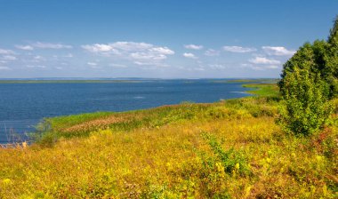 Yaz manzarası. Dünyanın Avrupa bölgesindeki bir nehir. Güneşli sıcak bir gün. Yeşil ağaçlar, çimenler. Mavi gökyüzü küçük bir bulut örtüsüyle.
