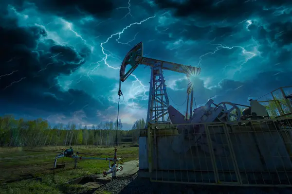 Pumpjack A vivid visual representation of a pumping machine in thunderclouds. Unique and attractive design. Power and power in an unconventional way.