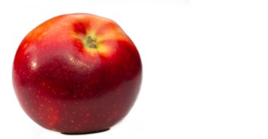 Beyaz arka planda elma. Elmaya bayılırım. Bana göre, meyveler inkar edilemez. Cennet bahçesinden geliyorlar.