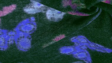 Kelebek desenli yeşil yün kumaş. Yeşil kırmızı mavi. Dekor modern, tekstil sanatı, doku, arkaplan, desen