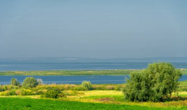 Yaz manzarası. Dünyanın Avrupa bölgesindeki bir nehir. Güneşli sıcak bir gün. Yeşil ağaçlar, çimenler. Mavi gökyüzü küçük bir bulut örtüsüyle.