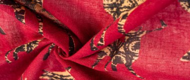 Modern dekor, Tekstil Sanatı, Tasarım, Geyik silueti desenli kırmızı pamuk kumaş, modern fütüristik resim. Doku, arkaplan, desen,