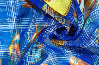 Lacivert ipek kumaş, mercan resifi balığı, deniz teması. Çocuk sanatı. arkaplan, doku, desen