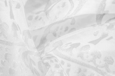 İpek kumaş, kar beyazı kumaş. Beyaz arka planda zarif çiçeklerin gölgeleri, Paisley 'nin fotoğrafı. Doku, desen, koleksiyon