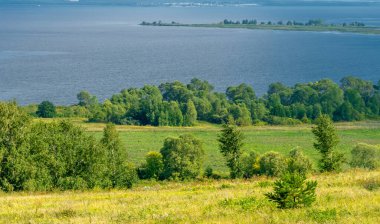 Yaz manzarası. Dünyanın Avrupa bölgesindeki bir nehir. Güneşli sıcak bir gün. Yeşil ağaçlar, çimenler. Mavi gökyüzü küçük bir bulut örtüsüyle.