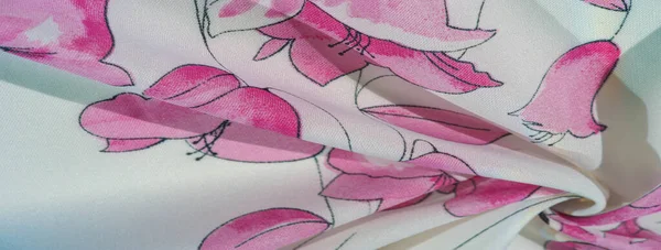 silk fabric, print of flowers of a field cornflower, cream-white color with pink shades, blue border \
