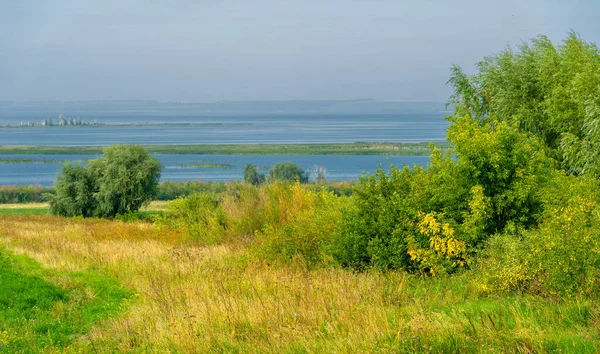 Yaz manzarası. Dünyanın Avrupa bölgesindeki bir nehir. Güneşli sıcak bir gün. Yeşil ağaçlar, çimenler. Mavi gökyüzü küçük bir bulut örtüsüyle.