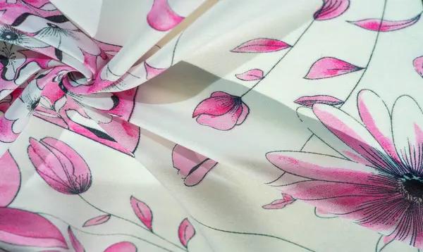 silk fabric, print of flowers of a field cornflower, cream-white color with pink shades, blue border \