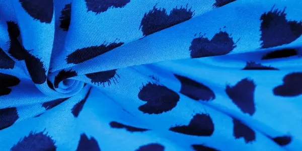 silk fabric, blue print of black hearts, texture background, pattern, postcard,