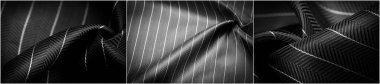 Hassas beyaz çizgili yoğun siyah kumaş desenler ve bileşik tekstil kullanımı genel bileşikteki doğal elementleri vurgular.