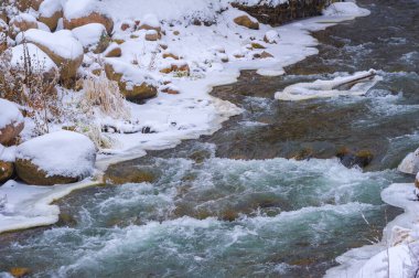 Nehir kışın donar. Ormandaki en sevdiğim kış nehri sessizliği büyüleyiciydi. Sadece rüzgarın sesi ve akan akarsu yüzünden kırılmıştı. Hala hayatta, suyun altında. kar ve buz