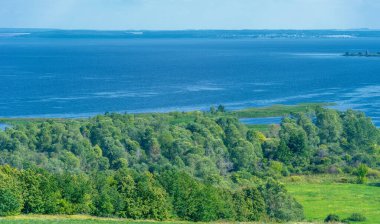 Yaz manzarası. Dünyanın Avrupa bölgesindeki bir nehir. Güneşli sıcak bir gün. Yeşil ağaçlar, çimenler. Mavi gökyüzü küçük bir bulut örtüsüyle.