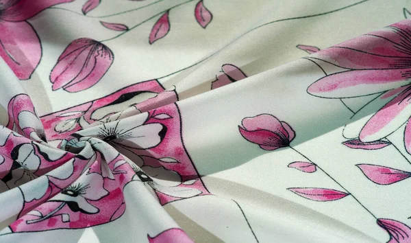 silk fabric, print of flowers of a field cornflower, cream-white color with pink shades, blue border 