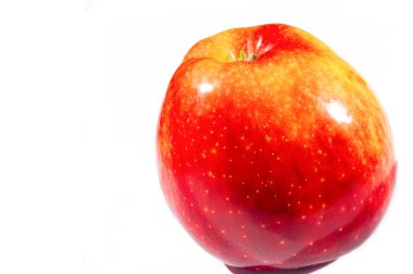 Beyaz arka planda elma. Elmaya bayılırım. Bana göre, meyveler inkar edilemez. Cennet bahçesinden geliyorlar.