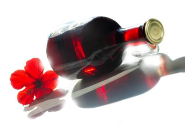 Kırmızı şaraplı bir şişe. Bira insanlar tarafından yapılır, şarap Tanrı tarafından yapılır.