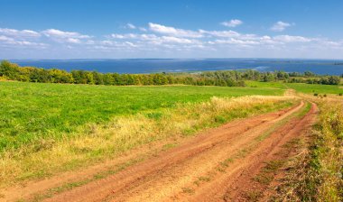 Yaz manzarası. Dünyanın Avrupa bölgesindeki bir nehir. Güneşli sıcak bir gün. Yeşil ağaçlar, çimenler. Mavi gökyüzü küçük bir bulut örtüsüyle.
