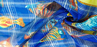 Lacivert ipek kumaş, mercan resifi balığı, deniz teması. Çocuk sanatı. arkaplan, doku, desen