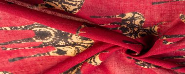 Modern dekor, Tekstil Sanatı, Tasarım, Geyik silueti desenli kırmızı pamuk kumaş, modern fütüristik resim. Doku, arkaplan, desen,