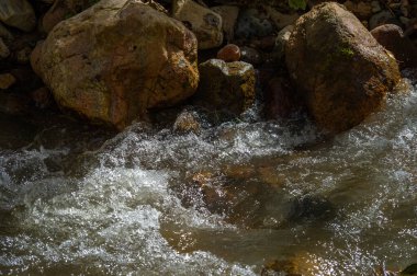 Bir dağ deresinde su. Taşları delip geçiyor. Bir dağ deresinin büyüleyici güzelliğini tecrübe edin. Doğanın egemenliği akan sularda ve sivri kayalarda görülür. İç huzuru bul