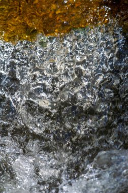 Bulanık odak. Kristal berrak suyun büyüleyici çağlayanı izleyin. Resimli bir dağ deresinde doğanın güzelliğinin tadını çıkar. Suyun zarif akışına kapıl..