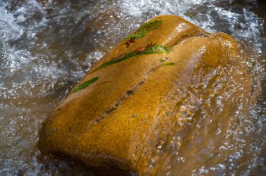 Bir dağ deresinde su. Taşları delip geçiyor. Doğanın Serenadı: Sadece kayalık engellerin üzerinde zarif bir şekilde dans eden suyun rahatlatıcı melodisini dinleyin. Vahşi ortamda Huzur