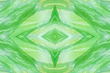 Kusursuz kaleydoskop. Kumaş ipek yeşil-mavi gözlükler. Canlı renkler ve deniz tarağı şekilleri, sarı, mavi ve yeşil geometrik ipek krep de chine renginde gerçekten eşsiz bir krep oluşturur..