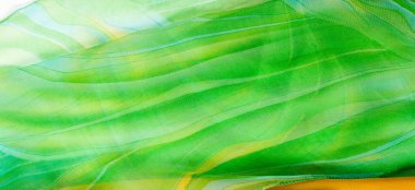 Kusursuz kaleydoskop. Kumaş ipek yeşil-mavi gözlükler. Canlı renkler ve deniz tarağı şekilleri, sarı, mavi ve yeşil geometrik ipek krep de chine renginde gerçekten eşsiz bir krep oluşturur..